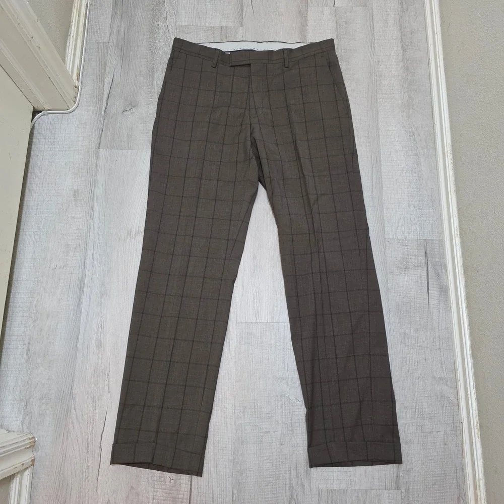 Paul Fredrick Men's Brown Windowpane Plaid 100% Wool Tailored Fit Dress Pants 34